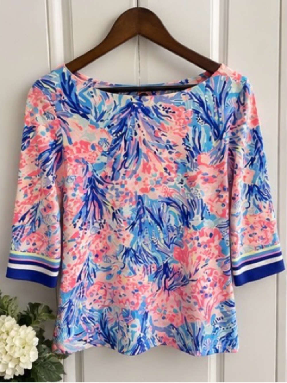 Lilly Pulitzer Pink Blue Tropical Print 3/4 Sleeve Top Small